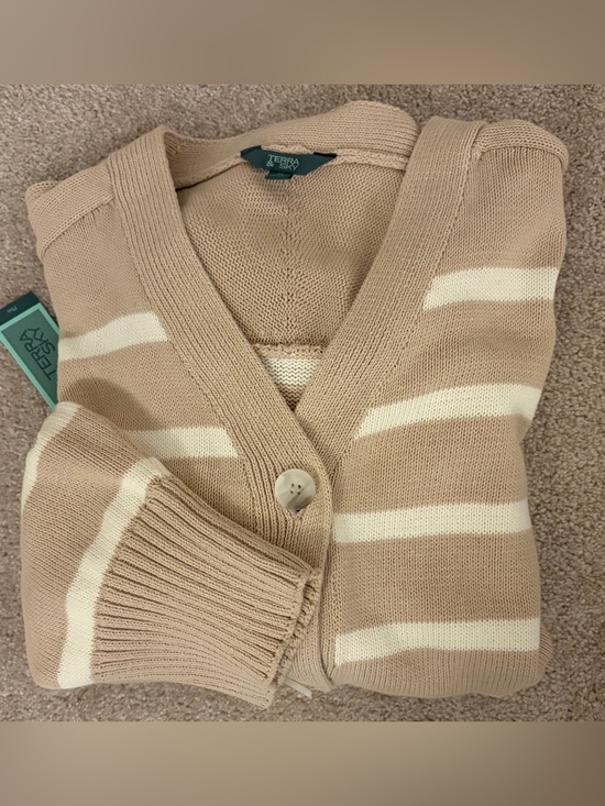 Terra & Sky Sweaters - Striped V-Neck Cardigan Sweater in Beige Tan and Cream NWT Size 3X 24W-26W